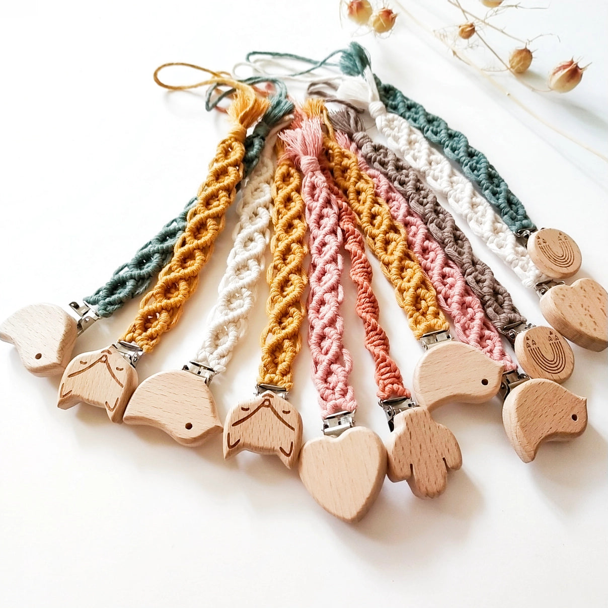 Wooden Bird or Fox Pacifier Clip with Cotton Braid