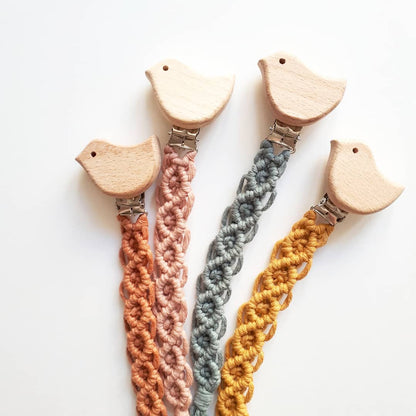 Wooden Bird or Fox Pacifier Clip with Cotton Braid